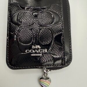 Coach black signature print zip card case with heart charm